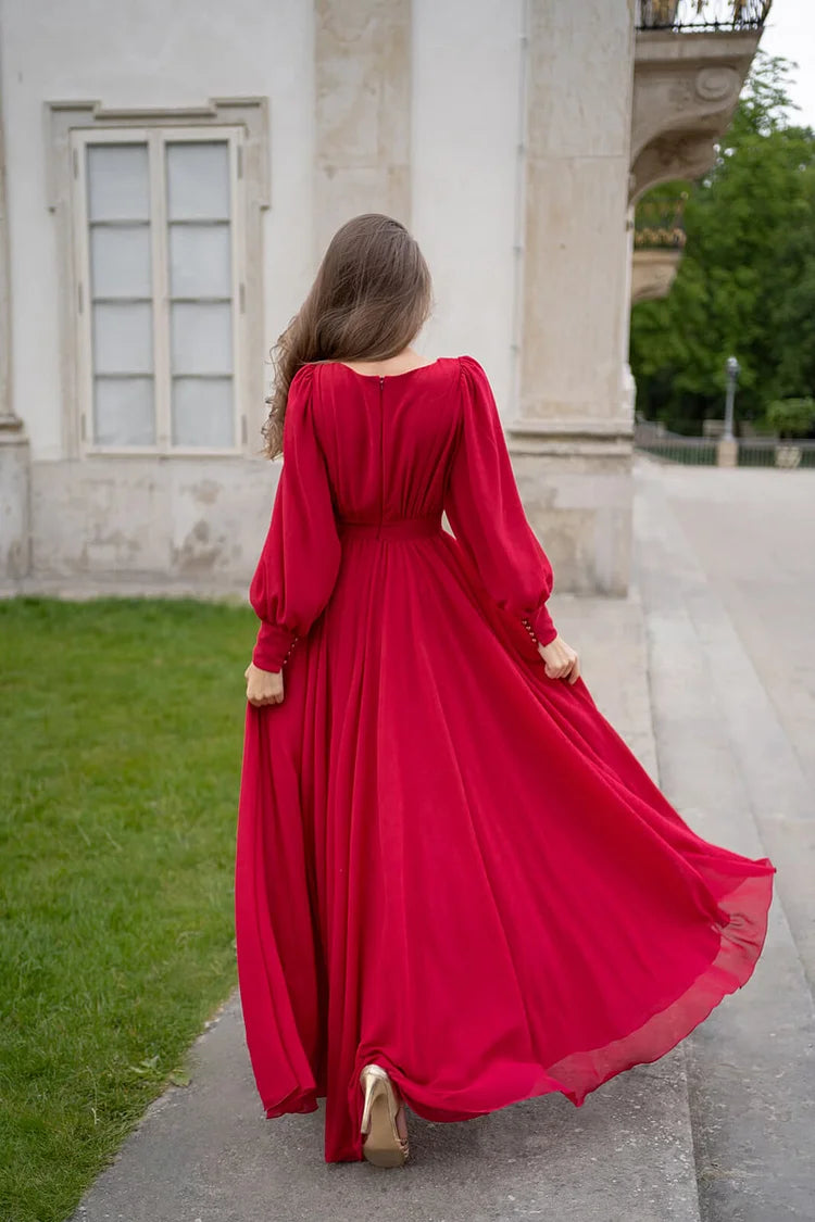 Jimiss V-neck long sleeved Chiffon and floor length Prom dress